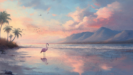 Tropical beach wallpaper design file showing detailed flamingo silhouette against pink and purple sunset