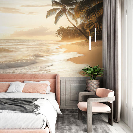 Tropical beach sunset wallpaper creating a relaxing atmosphere in modern living room with natural light