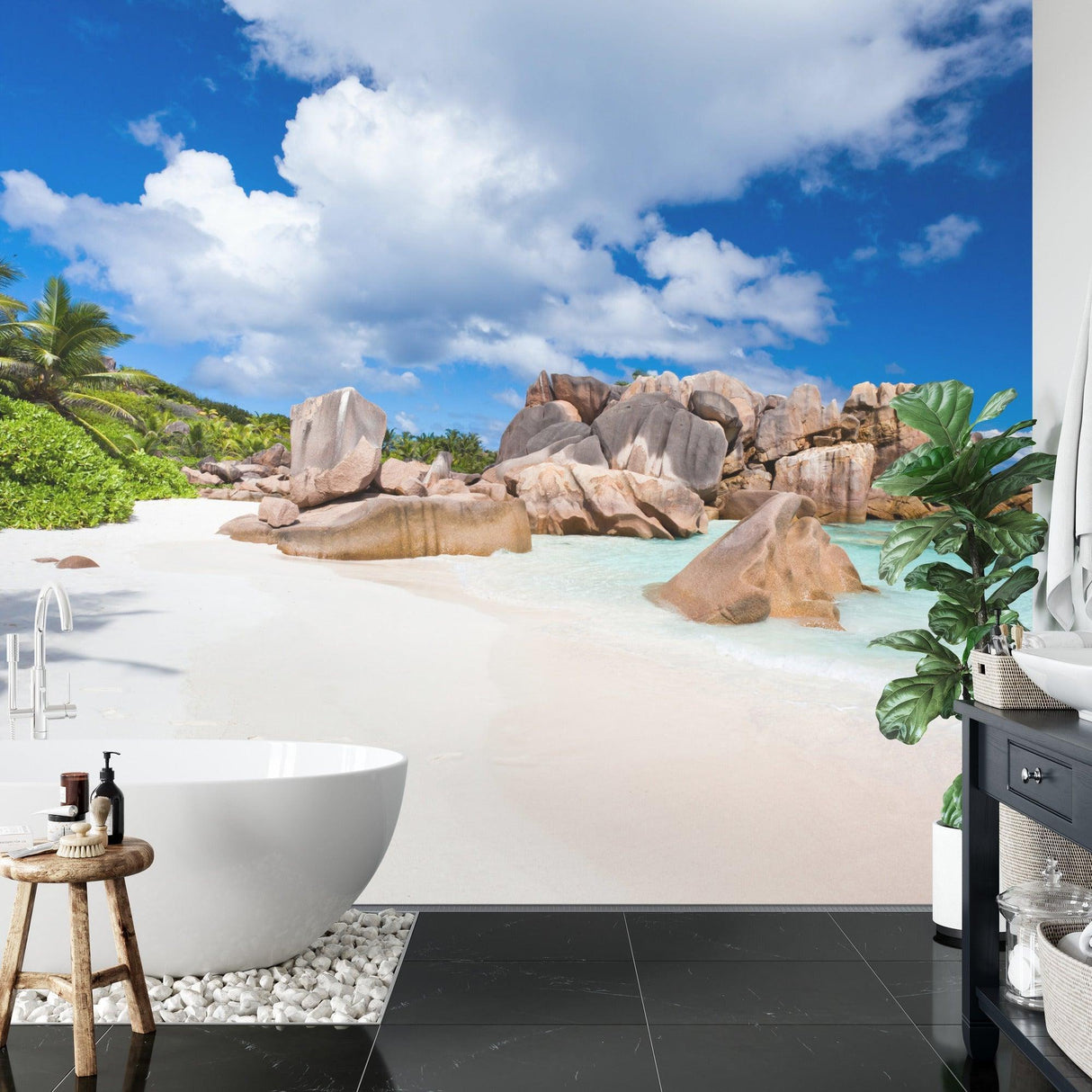 Tropical beach mural wallpaper creating a stunning focal point in a modern living room with white furniture