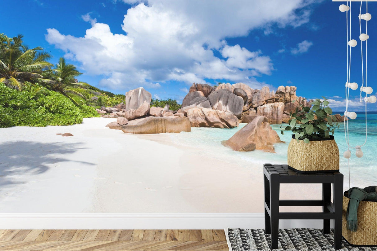 Coastal paradise mural bringing natural light and ocean vibes to a home office space