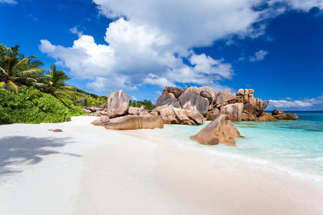 Design file showing detailed tropical beach landscape with granite rocks and crystal clear waters