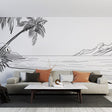Beach line art wallpaper creating a calm atmosphere in a modern living room with minimalist furniture