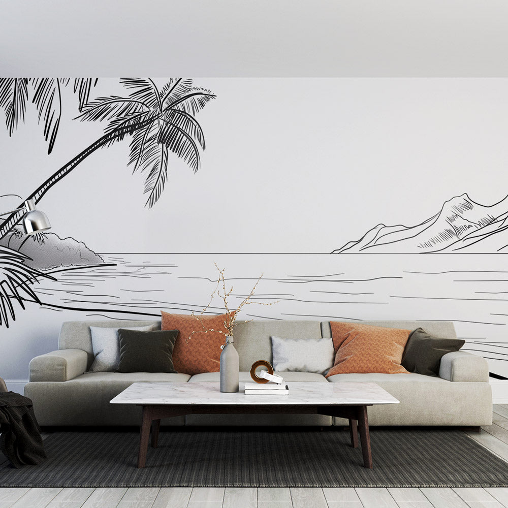 Beach line art wallpaper creating a calm atmosphere in a modern living room with minimalist furniture