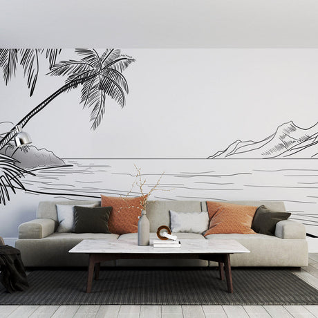 Beach line art wallpaper creating a calm atmosphere in a modern living room with minimalist furniture