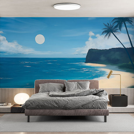 Tropical beach paradise wallpaper creating a stunning focal point in a modern living room with moonlit ocean views