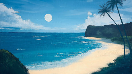 Beach paradise wallpaper design file showing detailed moonlit palm trees and pristine sandy shores