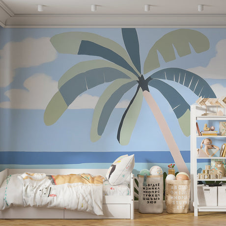 Tropical beach wallpaper with palm tree creating a calm atmosphere in a modern living room with white furniture
