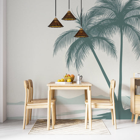 Tropical beach wallpaper with sage palm trees creating a calm atmosphere in a modern living room with natural light