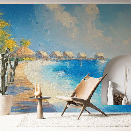 Tropical beach paradise wallpaper creating a stunning feature wall in a modern living room with white furniture
