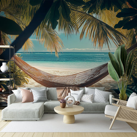 Tropical beach paradise mural wallpaper creating a relaxing atmosphere in a modern living room with white furniture