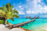 Design file showing detailed tropical beach paradise pattern with turquoise waters and wooden walkway