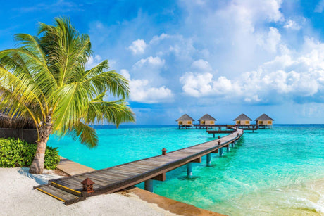 Design file showing detailed tropical beach paradise pattern with turquoise waters and wooden walkway
