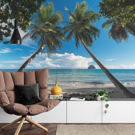 Tropical beach wallpaper creating a stunning focal point in modern living room with white furniture