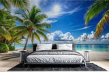 Tropical beach wallpaper with palm trees and turquoise ocean creating depth in modern living room