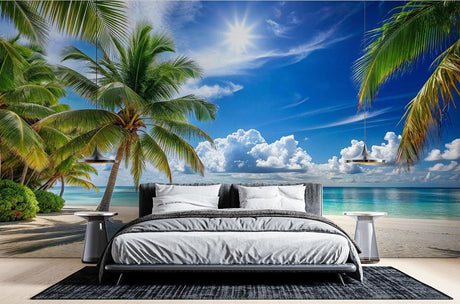 Tropical beach wallpaper with palm trees and turquoise ocean creating depth in modern living room