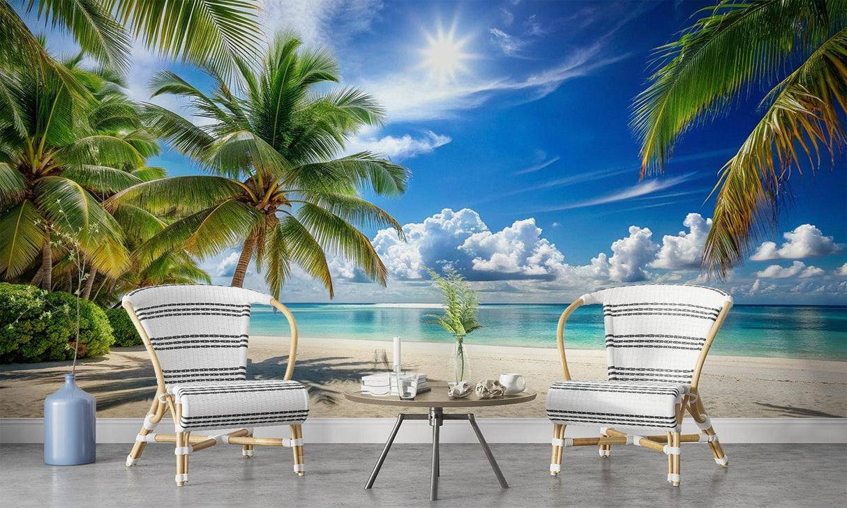 Beach paradise mural wallpaper transforming master bedroom into coastal retreat