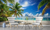 Beach paradise mural wallpaper transforming master bedroom into coastal retreat