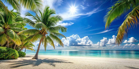 Design file showing detailed tropical beach scene with pristine sand and crystal waters