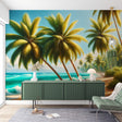 Tropical beach paradise wallpaper creating a stunning backdrop in a modern living room with white furniture and natural light