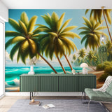 Tropical beach paradise wallpaper creating a stunning backdrop in a modern living room with white furniture and natural light