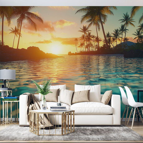Tropical beach paradise wallpaper creating a stunning focal point in a modern living room with white furniture