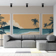 Tropical beach wallpaper with retro design creating a calm atmosphere in a modern living room with minimal furniture