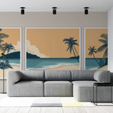 Tropical beach wallpaper with retro design creating a calm atmosphere in a modern living room with minimal furniture