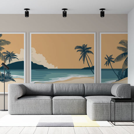 Tropical beach wallpaper with retro design creating a calm atmosphere in a modern living room with minimal furniture