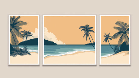 Retro coastal paradise design file showing detailed palm trees and peach-toned sky pattern