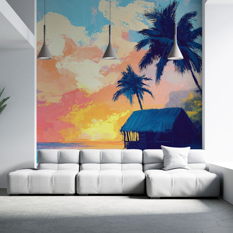 Tropical beach sunset wallpaper mural creating a stunning focal point in a modern living room with coastal decor