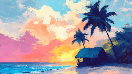 Tropical beach paradise design file with vibrant sunset colors and silhouetted palm trees