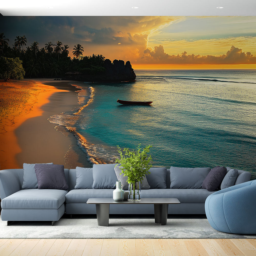 Tropical beach sunset wallpaper mural creating a calming atmosphere in a modern living room with coastal decor