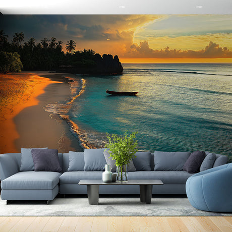Tropical beach sunset wallpaper mural creating a calming atmosphere in a modern living room with coastal decor