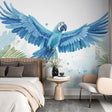 Tropical bird wallpaper with blue macaw creating a stunning focal point in a modern living room with natural light