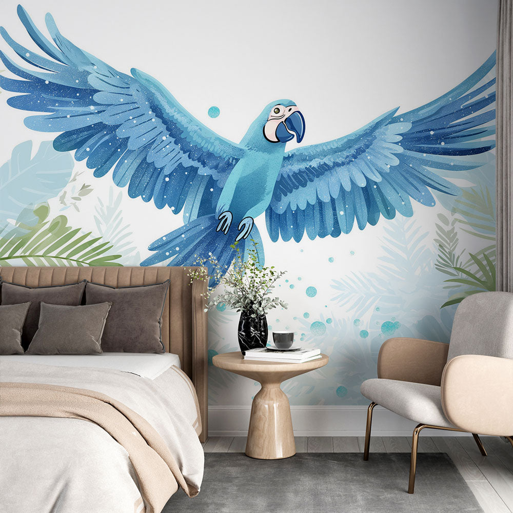 Tropical bird wallpaper with blue macaw creating a stunning focal point in a modern living room with natural light