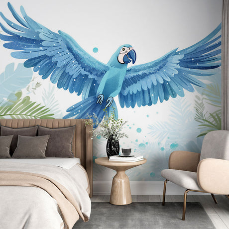Tropical bird wallpaper with blue macaw creating a stunning focal point in a modern living room with natural light