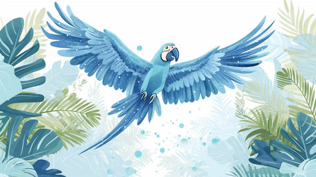 Blue macaw paradise design file showing intricate tropical bird pattern and lush botanical details