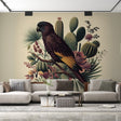 Tropical bird wallpaper with desert cacti creating a stunning backdrop in a modern living room with neutral furniture