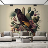 Tropical bird wallpaper with desert cacti creating a stunning backdrop in a modern living room with neutral furniture