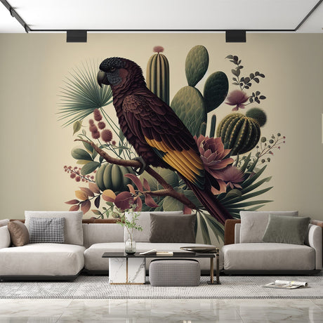 Tropical bird wallpaper with desert cacti creating a stunning backdrop in a modern living room with neutral furniture