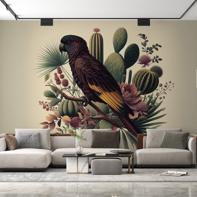 Tropical bird wallpaper with desert cacti creating a stunning backdrop in a modern living room with neutral furniture