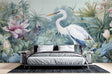 Tropical bird wallpaper with white crane and lotus flowers creating serenity in a modern living room setting