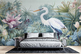 Tropical bird wallpaper with white crane and lotus flowers creating serenity in a modern living room setting