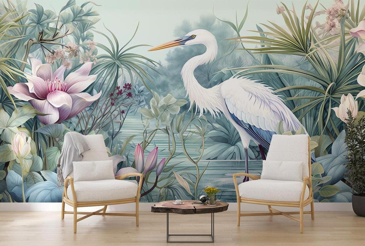 Elegant crane and lotus wallpaper bringing natural beauty to a peaceful bedroom sanctuary