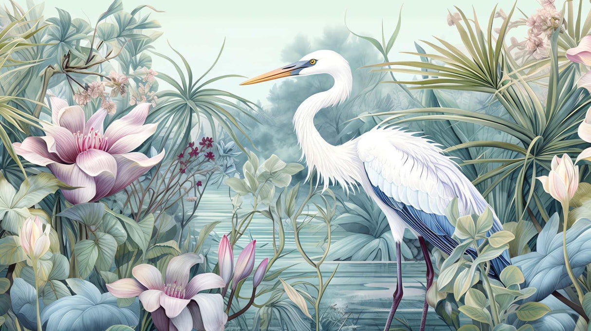 Design file of white crane with lotus flowers pattern showing intricate botanical details