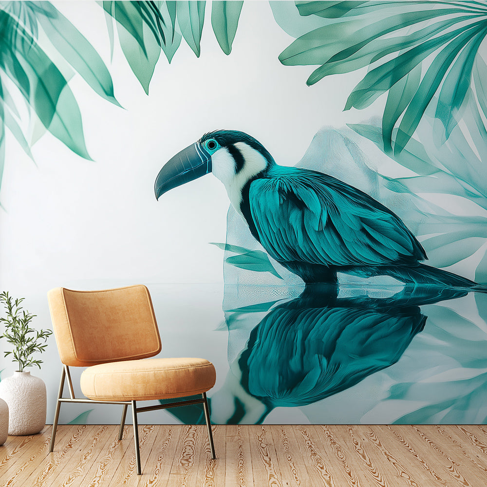 Tropical bird wallpaper with turquoise toucan bringing life to a modern white dining room with natural light