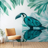 Tropical bird wallpaper with turquoise toucan bringing life to a modern white dining room with natural light