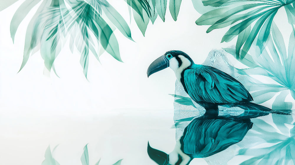 Turquoise toucan and palm leaves design file showing intricate pattern details on white background