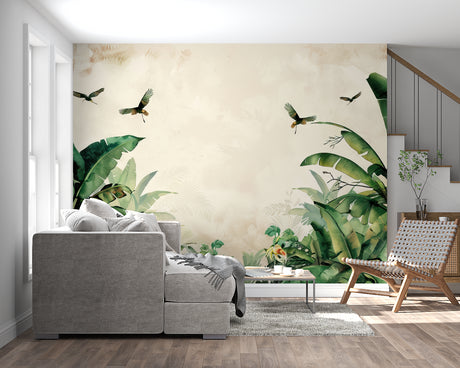 Tropical birds wallpaper creating a peaceful atmosphere in a modern living room with natural light