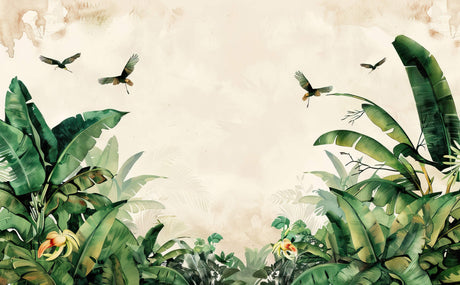 Tropical birds and banana leaves design file showing intricate pattern details and soft beige background